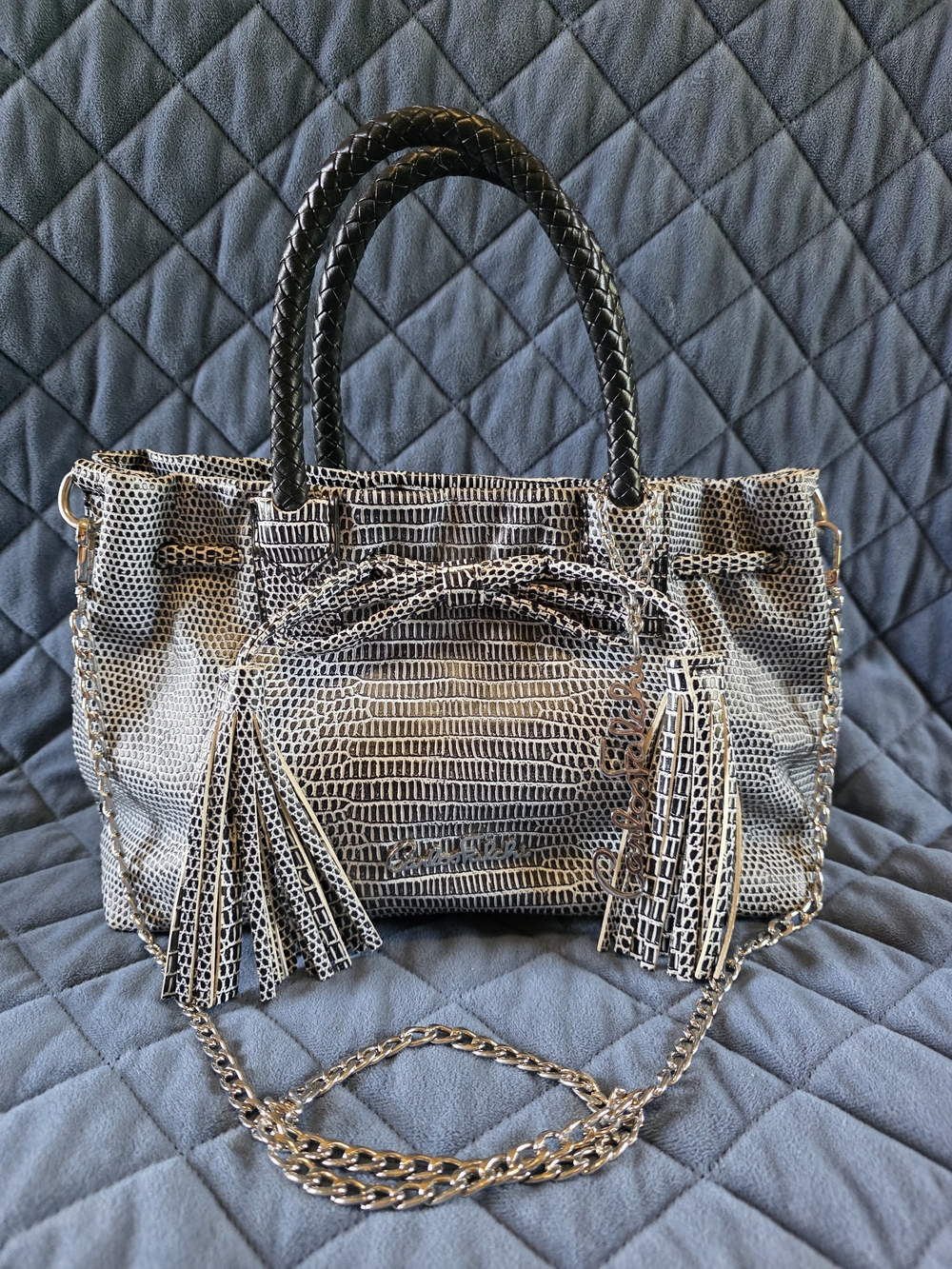 Carlos Falchi Black and White Croc-Embossed Shoulder Bag with Tassels